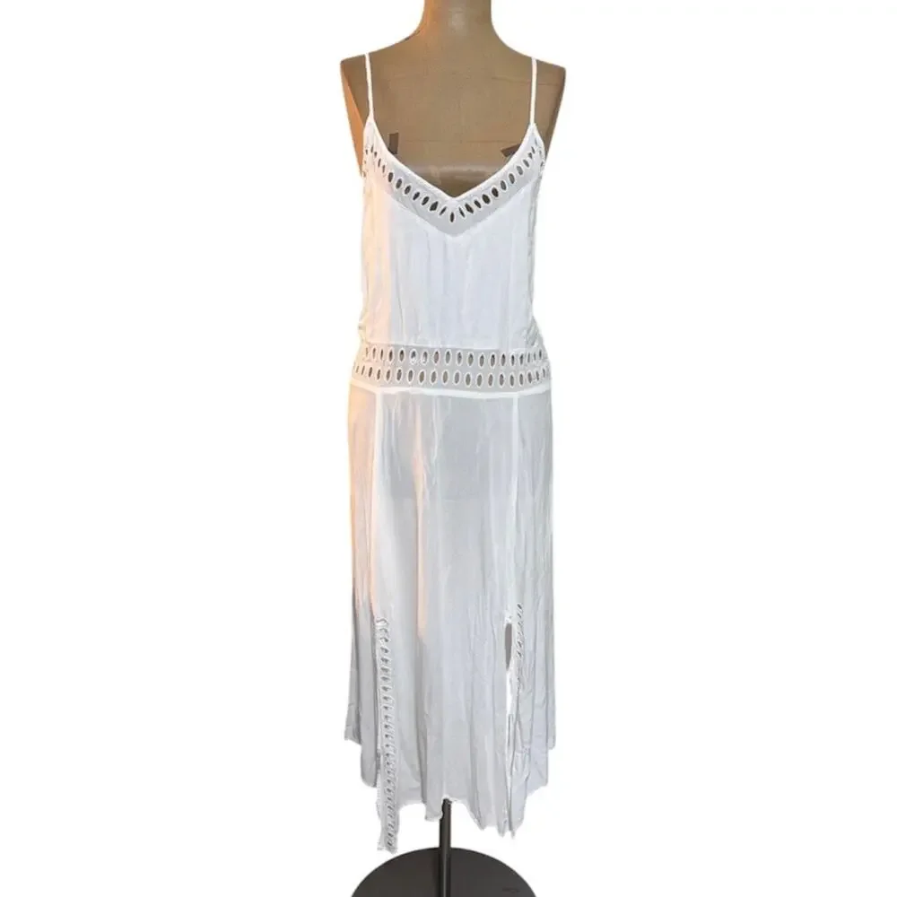 Vix Paula Hermanny Maxi Dress White Sheer Dress Swim Cover Cut outs size Small
